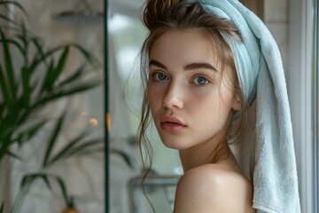 Fototapeta premium Radiant Skincare: Youthful Woman Nurturing Her Skin with a Daily Beauty Routine