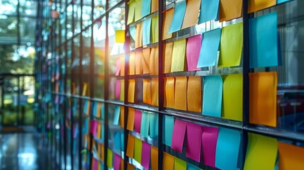 Creative brainstorming session, colorful sticky notes on glass wall