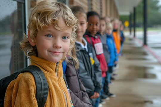 Primary School Students Waiting in Line Outside Classroom: Children Anticipating Morning Class