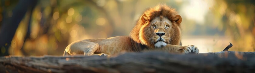 Fototapeta premium Majestic lion resting on a rock, sunlit forest background