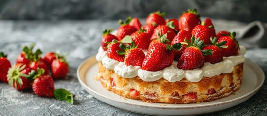 Fototapeta premium Delicious Strawberry Cake with Whipped Cream. Homemade Dessert for Celebration