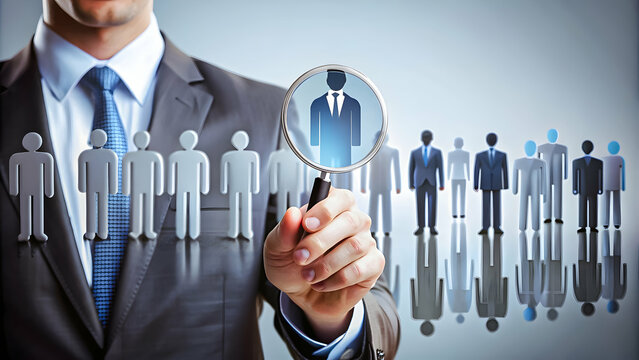 Businessman using a magnifying glass to focus on a specific virtual human icon among many, symbolizing talent identification.