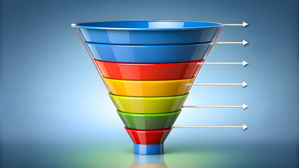 A colorful 3D funnel chart with sections in blue, red, yellow, green, and orange, showing a segmented process with arrows pointing outward, representing stages in a business or marketing funnel.