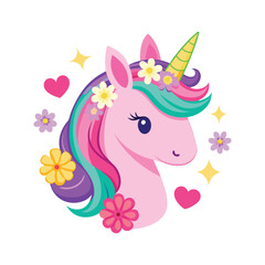 Cute pink unicorn head with rainbow mane, flowers and hearts