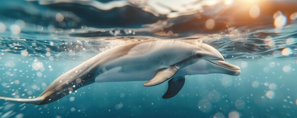 Obraz premium A lone dolphin swims gracefully through the water, sunlight shining on its sleek body.
