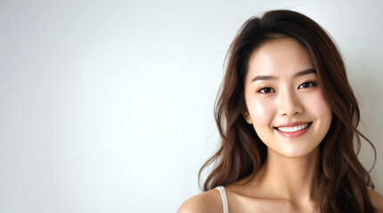 Asian woman, girl, with smooth, healthy, natural looking skin. Japanese, Korean female smiling after cosmetic treatment with hydrated, glowing face