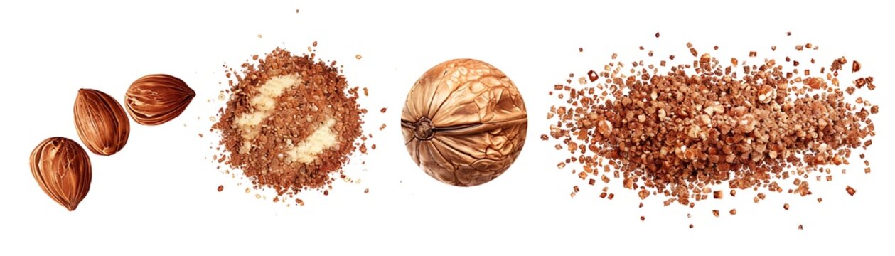 Walnut Pieces,  Crumbled and Whole with Brown Shell, White Background  -  Realistic Image