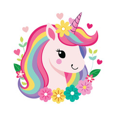 Cute pink unicorn head with rainbow mane, flowers and hearts