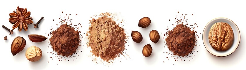 Illustration of Cocoa Powder, Almond, Walnut, Star Anise and Cloves Isolated on White Background