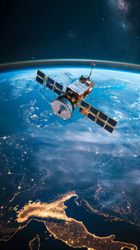 Telecommunication Satellite Providing Global Internet Access Over Italy at Night