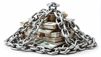 Stacks of dollar bills bound by large, shiny chains on a white background, symbolizing locked or protected money.