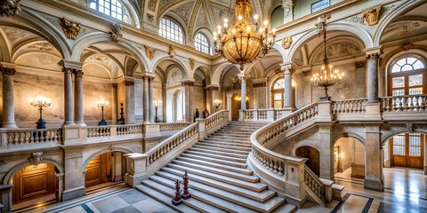 Elegant marble staircase curves upward in a grand art museum, surrounded by ornate chandeliers, columns, and classical architecture, bathed in soft, natural light.