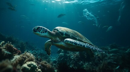 Fototapeta premium Sea turtle swimming amidst plastic debris in the ocean