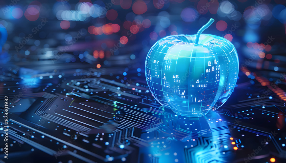 Fototapete 3d rendering of blue apple made from digital data on circuit board background with light effects and copy space for text Abstract futuristic technology design