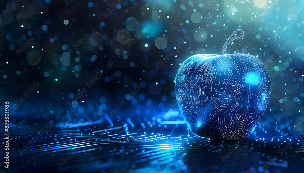 Fototapete 3d rendering of blue apple made from digital data on circuit board background with light effects and copy space for text Abstract futuristic technology design