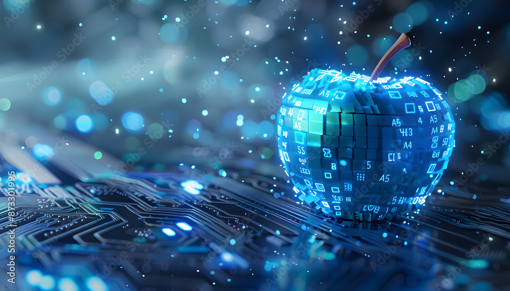 Fototapete 3d rendering of blue apple made from digital data on circuit board background with light effects and copy space for text Abstract futuristic technology design