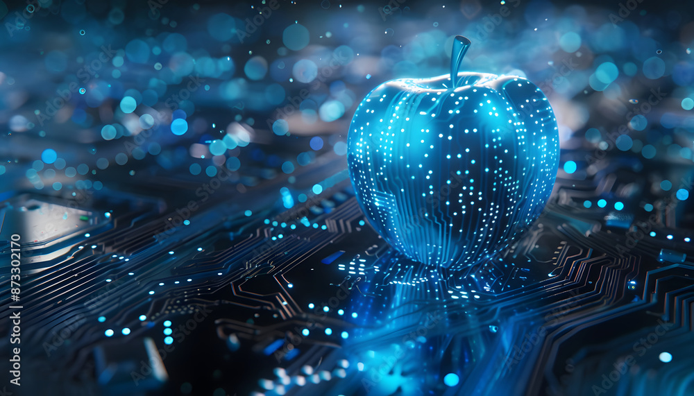 Fototapete 3d rendering of blue apple made from digital data on circuit board background with light effects and copy space for text Abstract futuristic technology design