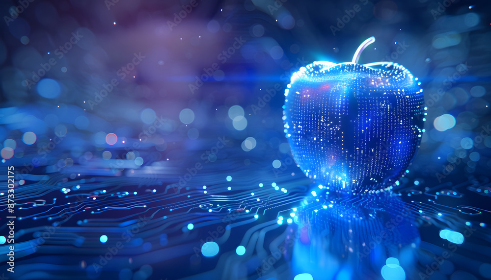 Poster 3d rendering of blue apple made from digital data on circuit board background with light effects and
