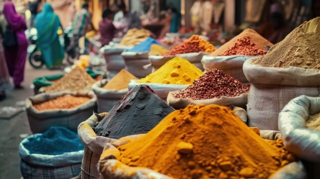 Variety of spices and herbs, likely from a market, with colors ranging from yellow, orange, and red to brown and black, with some seeds and whole spices visible