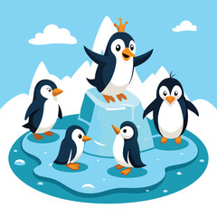 Group of funny penguins playing on ice floe