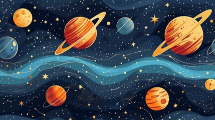 Naklejka premium Space-themed patterns featuring stars, planets, and cosmic elements, ideal for futuristic and imaginative designs. , Minimalism,