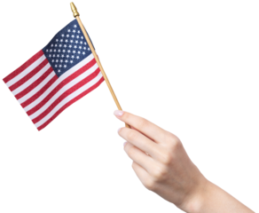 A beautiful female hand holds an American flag on a white background.
