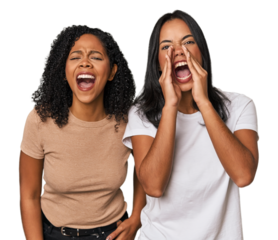 Young Latin friends in studio shouting excited to front.