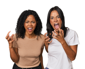 Young Latin friends in studio screaming with rage.