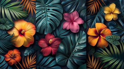 Tropical patterns with palm leaves, exotic flowers, and vibrant colors, bringing a tropical paradise to your projects. , Minimalism,