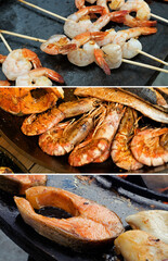 Photo collage. Delicious grilled seafood - shrimp and red fish.