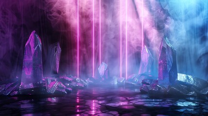 Onyx neon light product background stage on black crystal floor with mysterious glow spotlight, in enigmatic style