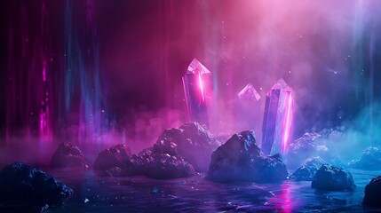 Onyx neon light product background stage on black crystal floor with mysterious glow spotlight, in enigmatic style