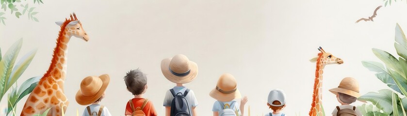 Back view of children looking up at something exciting in a watercolor style.