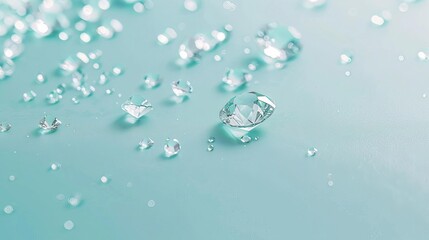 Close-up of sparkling water droplets scattered on a smooth blue surface, creating a refreshing and serene vibe.