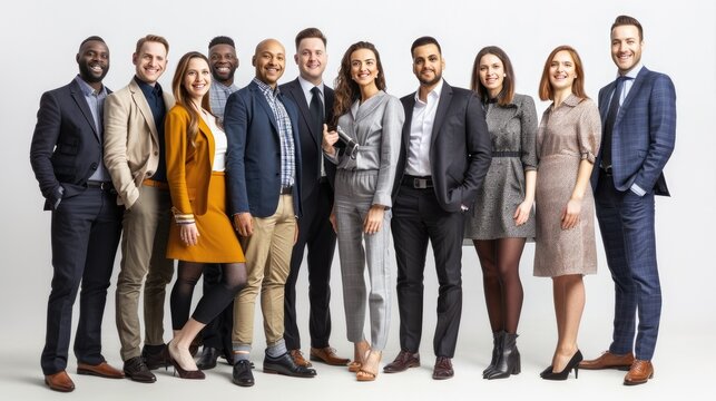 A group of diverse business professionals posing in a studio. They are all wearing formal business attire and have serious expressions on their faces. The group is made up of men and women of