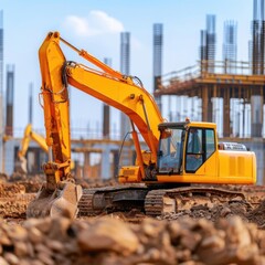 A yellow excavator digs dirt at a construction site with unfinished buildings in the background.