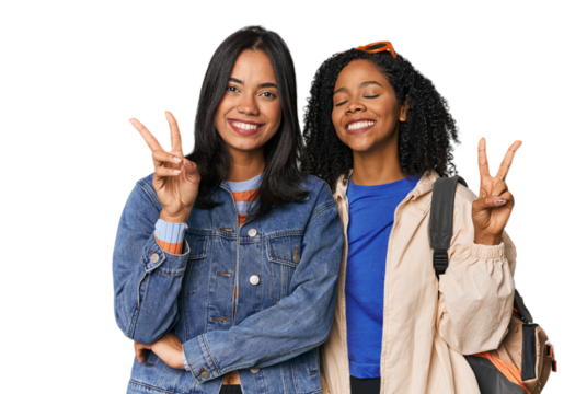 Latin friends ready for vacation joyful and carefree showing a peace symbol with fingers.