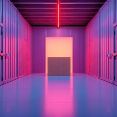 Neon pink lit hallway with boxes in a shipping container.