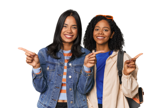 Latin friends ready for vacation pointing to different copy spaces, choosing one of them, showing with finger. - Powered by Adobe