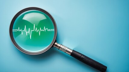 Magnifying glass with heartbeat, blue background, health and medical care concept.
