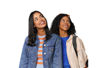 Latin friends ready for vacation relaxed and happy laughing, neck stretched showing teeth.