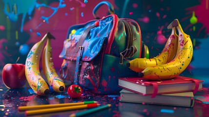  A well-lit scene showcasing a collection of school supplies, including a decent bag, a book, a pen, a pencil, an apple, and  bananas, all set against a backdrop of vibrant splashes. 
