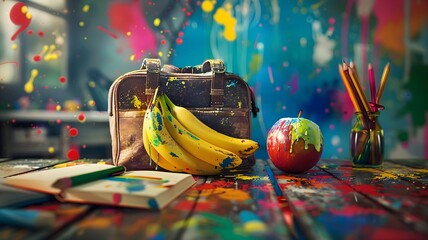  A well-lit scene showcasing a collection of school supplies, including a decent bag, a book, a pen, a pencil, an apple, and  bananas, all set against a backdrop of vibrant splashes. 
