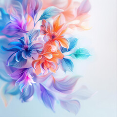 Colorful abstract floral illustration with vibrant hues of blue, purple, and orange, depicting a dynamic and elegant floral design.