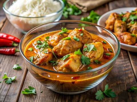 Aromatic chicken curry salan in a glass bowl, garnished with fresh cilantro and served with basmati rice, evoking warm Pakistani hospitality and flavors.