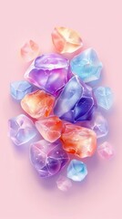 Fototapeta premium Beautiful assortment of colorful gemstones on a soft pink background, showcasing purple, blue, and orange crystals in various shapes.