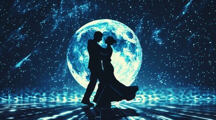 Fototapeta premium A silhouette couple dancing in the moonlight