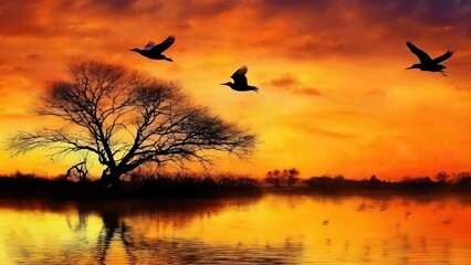Beautiful water-color rendering of geese across a chilly pond in the sunset. 