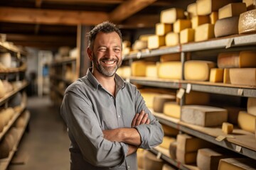 Fototapeta premium A merry man stands with arms crossed in a storage room filled with aged cheese wheels on shelves, symbolizing joy and dedication in cheese production and artisanal craft.