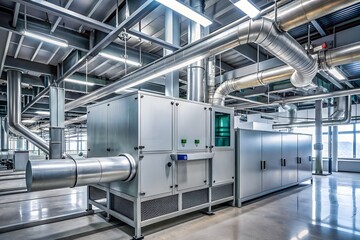 Sleek modern air handling unit with digital display andnetwork of ducts regulating airflow and filtering air quality in a large commercial building's mechanical room.